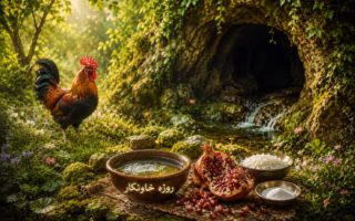 تصویر مفهومی روزه خاونکار (سه روژه یاران) در آیین یارسان؛ نمادی از نیایش، تنبور، انار و سه روز روزه