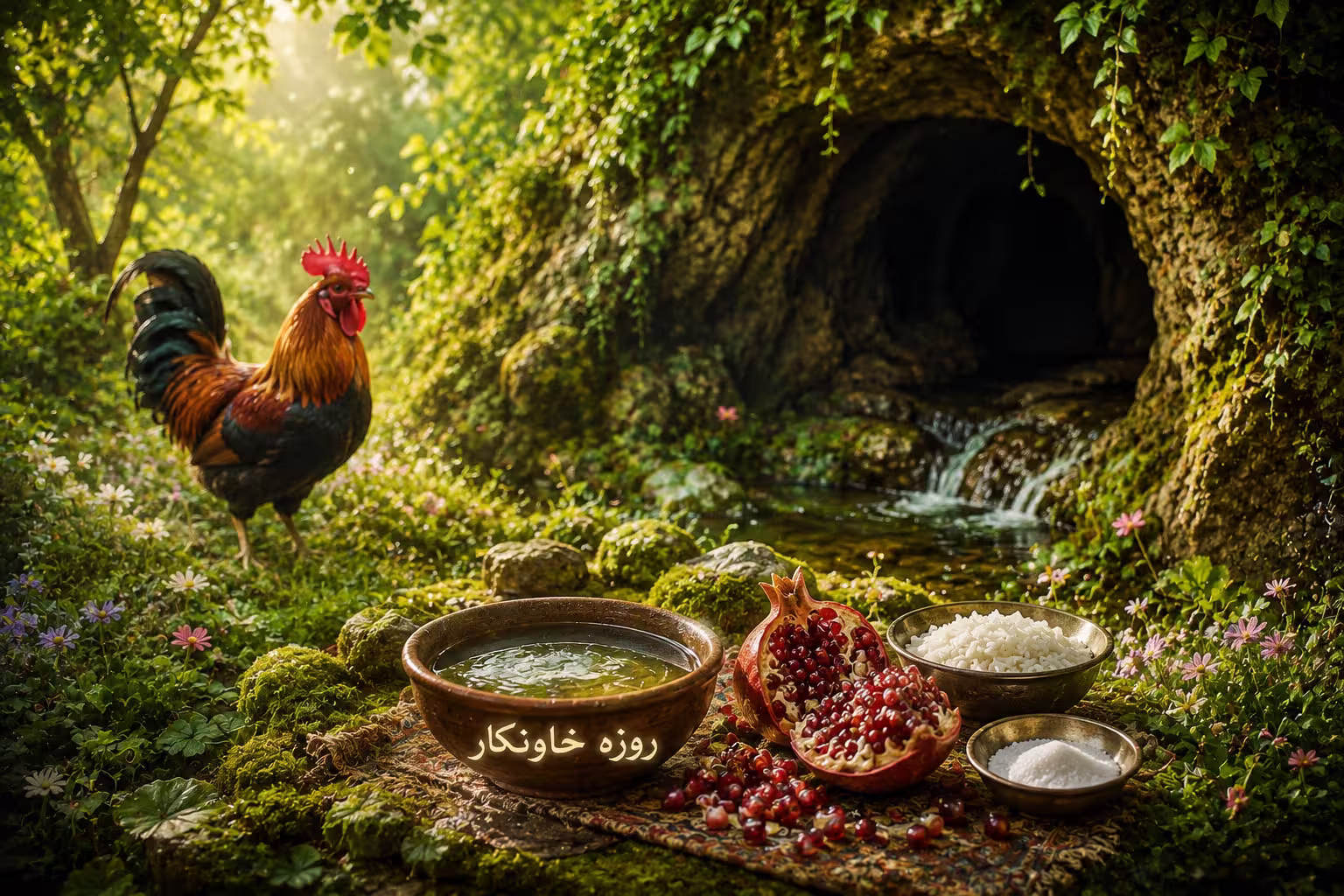 تصویر مفهومی روزه خاونکار (سه روژه یاران) در آیین یارسان؛ نمادی از نیایش، تنبور، انار و سه روز روزه